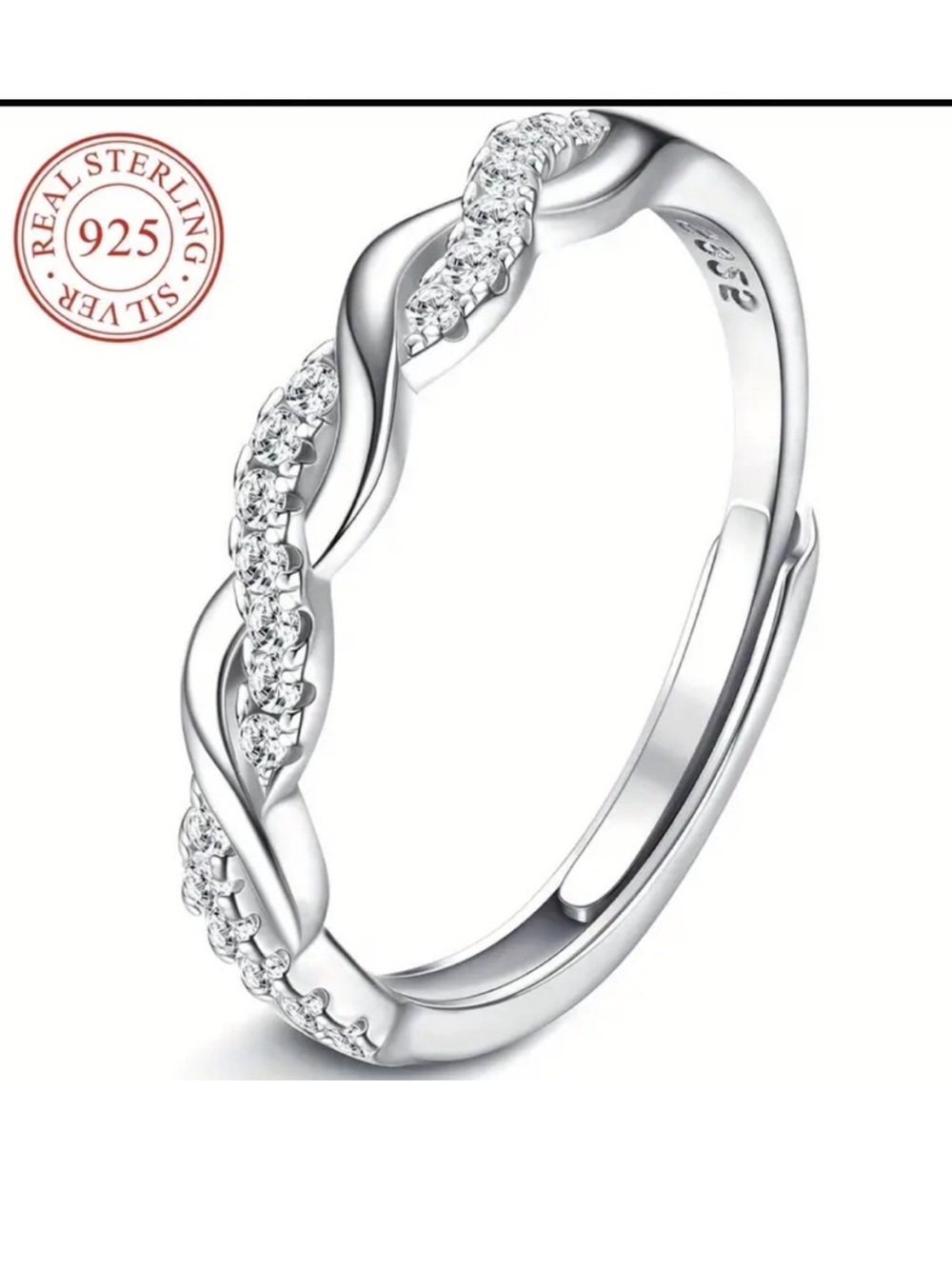 Sterling Silver 925 Twisted Band Ring with Clear Stones - Silver